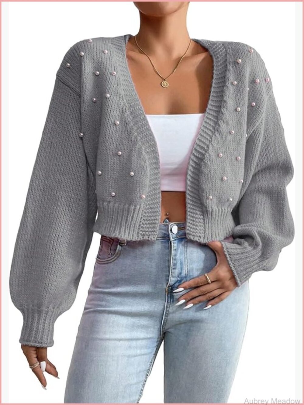 Pearl Beaded Open Front Cardigan Oversize V Neck Drop Shoulder Cropped Sweater